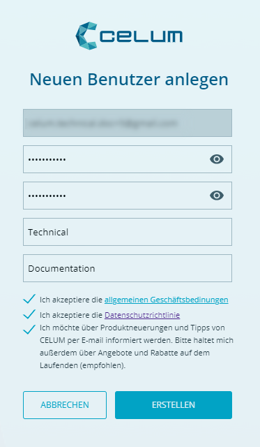CELUM Clound Account window for creating a new user